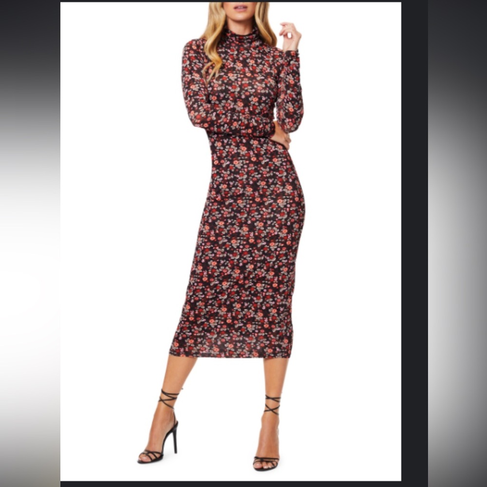 Ramy Brook Black and Red Floral Long Sleeve Dress